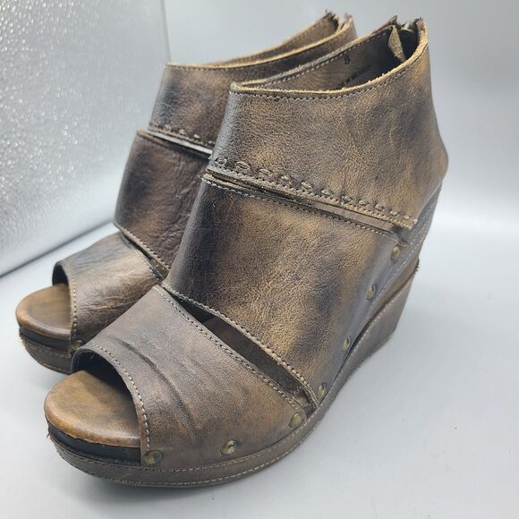 Bed Stu Open Toes shoes brown distressed leather Booties wedge back zip Sz 8 - Picture 4 of 9